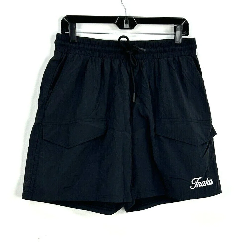 Inaka Power Mens Sz XL Nylon Black Cargo Short 5 Inch Logo Pockets Drawstring U3